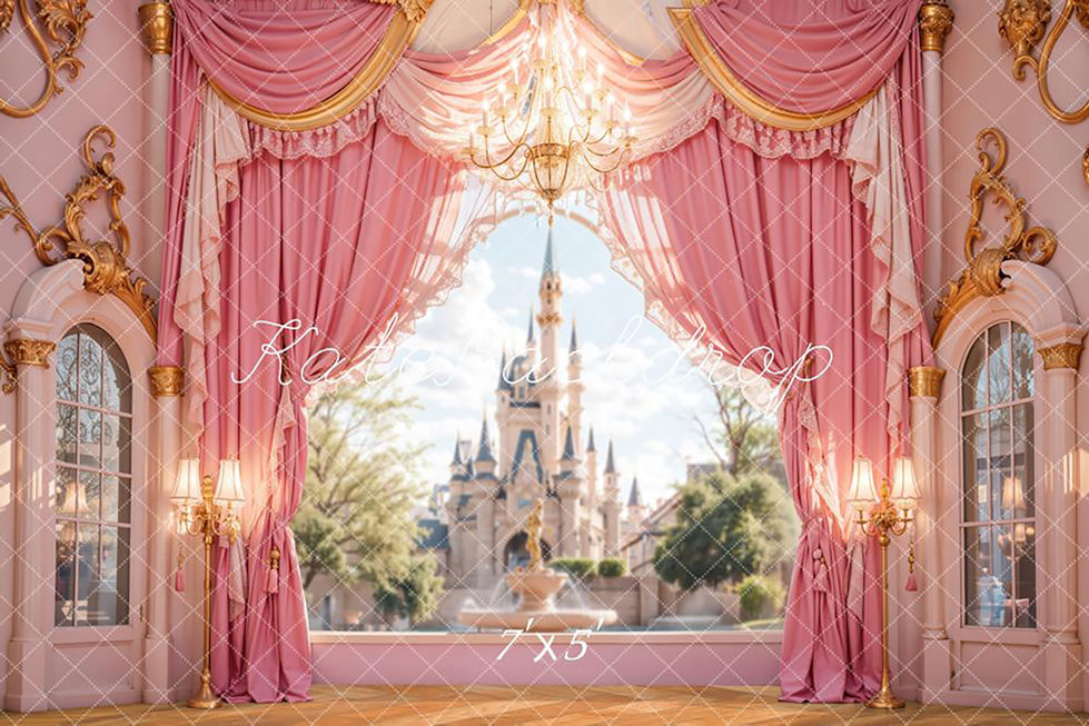 Elegant fairytale princess photography backdrop with pink drapes, golden accents, and a dreamy castle view at Shutter Swan Studios in Lakeland, FL – perfect for magical children’s portraits