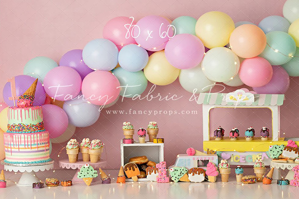 Dessert-themed birthday backdrop with pastel balloons, cupcakes, ice cream cones, donuts, and a sprinkle cake – ideal for cake smash and sweet milestone photos
