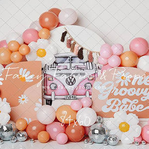 Retro first birthday backdrop with pink VW bus, daisy flowers, pastel balloons, and disco balls – perfect for 70s-themed cake smash photography