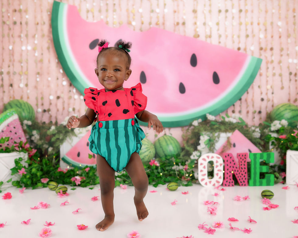 Children’s summer photography backdrop with glittery pink sequins, watermelon slices, and floral greenery – ideal for cake smash and seasonal portraits at Shutter Swan Studios