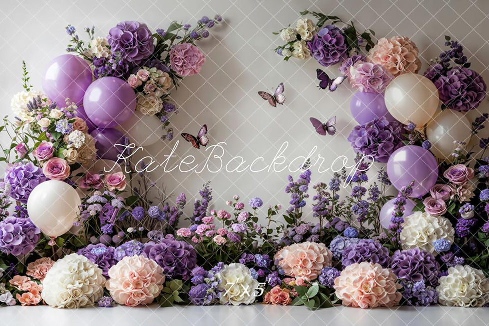 Lavender floral photography backdrop with purple, blush, and ivory flowers, pastel balloons, and butterflies at Shutter Swan Studios in Lakeland, FL – perfect for spring and milestone portraits