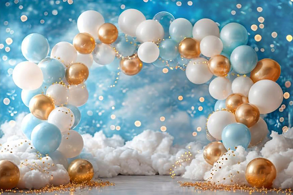 Blue, white, and gold balloon arch backdrop with soft clouds and twinkling lights on a dreamy sky background – ideal for birthday and milestone photography