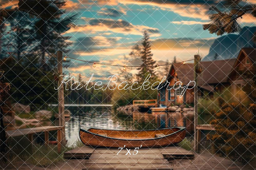 Lakeside photography backdrop with canoe, dock, string lights, forest cabins, and sunset sky at Shutter Swan Studios in Lakeland, FL – perfect for rustic outdoor-themed portraits