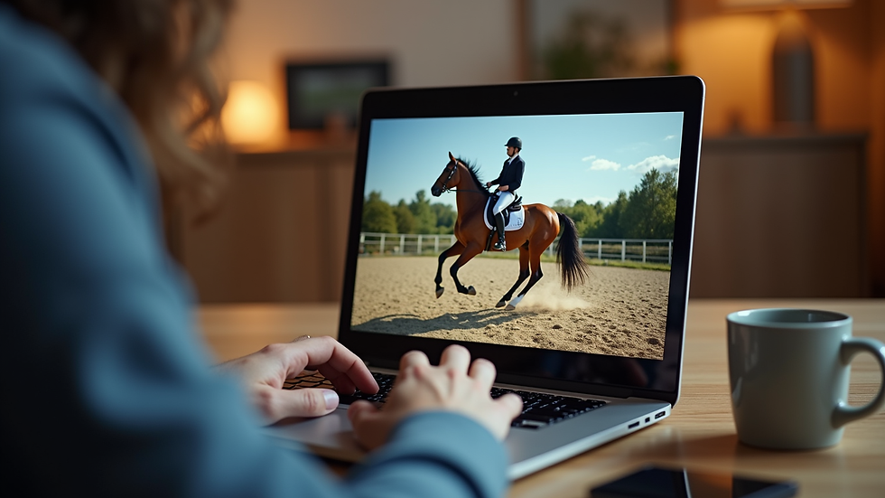 Close-up view of a laptop screen showing a horse training video during an online lesson