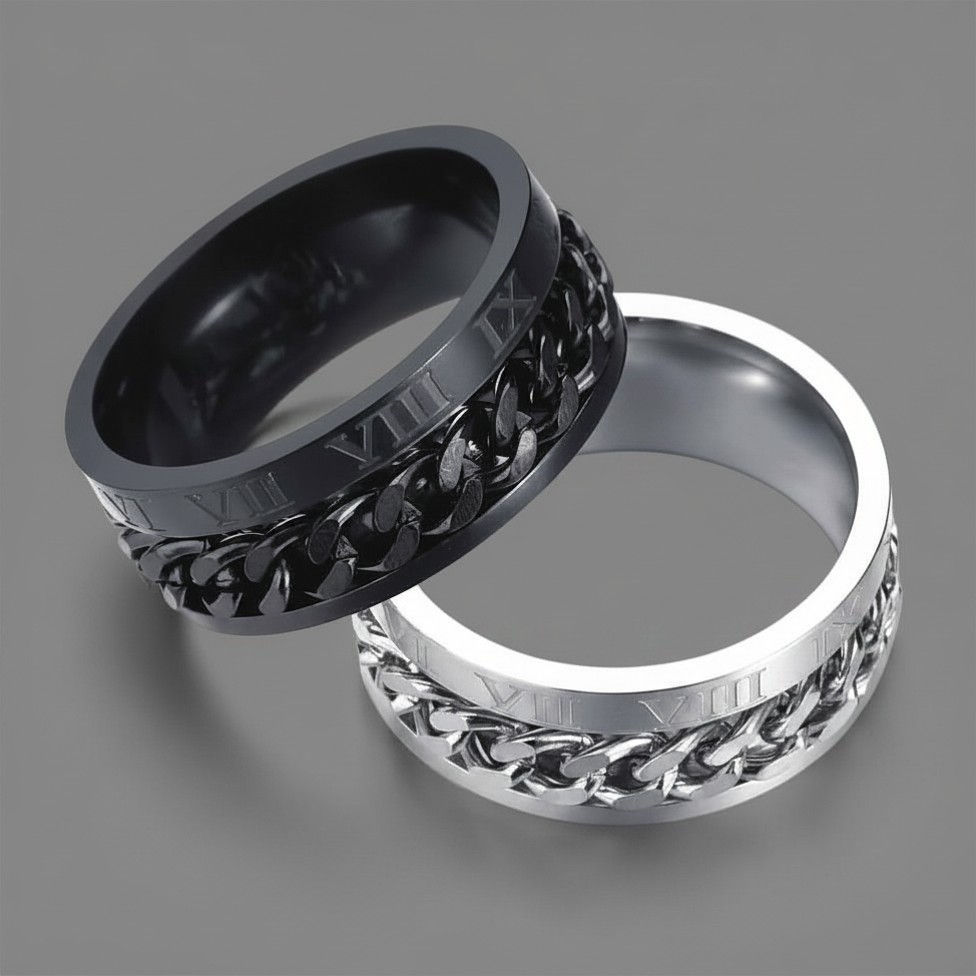 Gepolijste spinner ringen van 316L chirurgisch staal met Romeinse cijfers en draaibare ketting – stoere herenringen