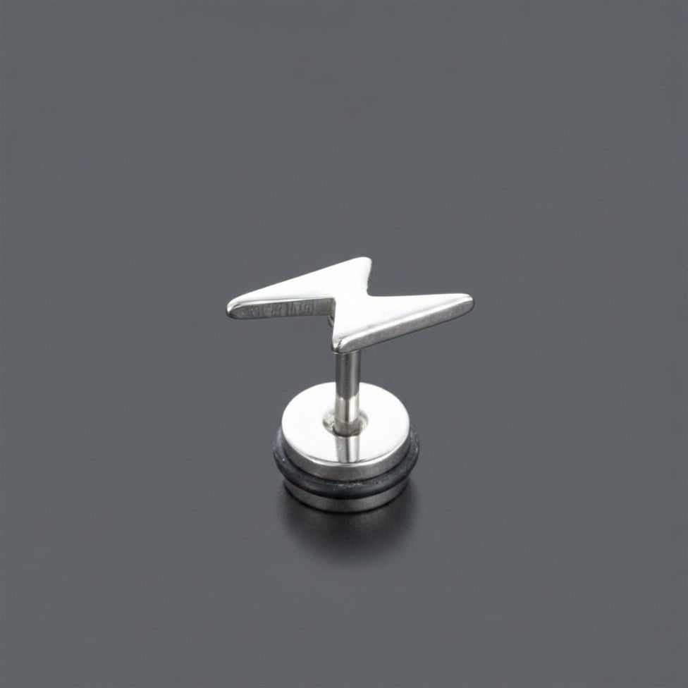 Bliksemschicht oorsteker van 316 chirurgisch staal met schroefsluiting, minimalistisch design in chrome, zwart of goudkleur