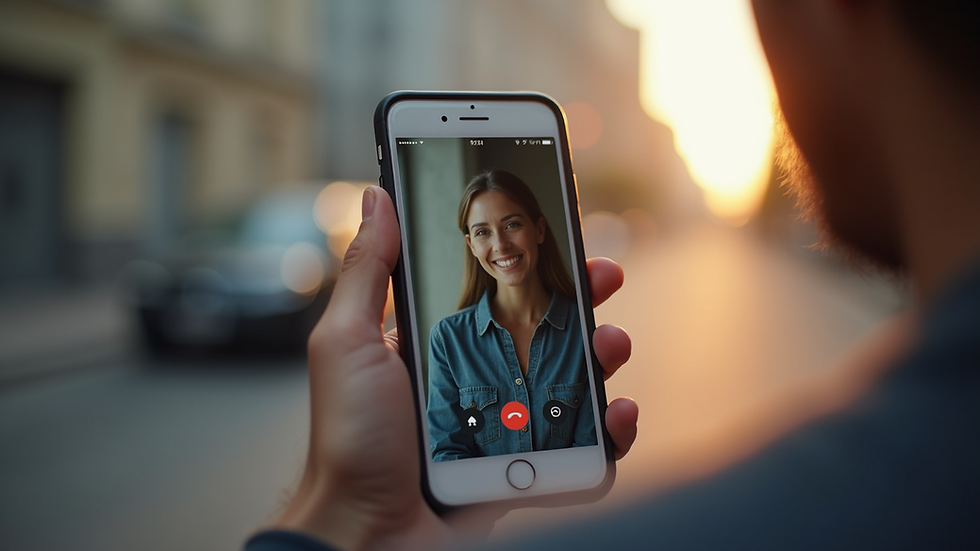 Eye-level view of a smartphone displaying a video call interface