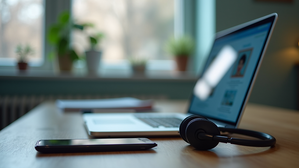 Close-up view of a telehealth setup with a laptop and headset on a desk