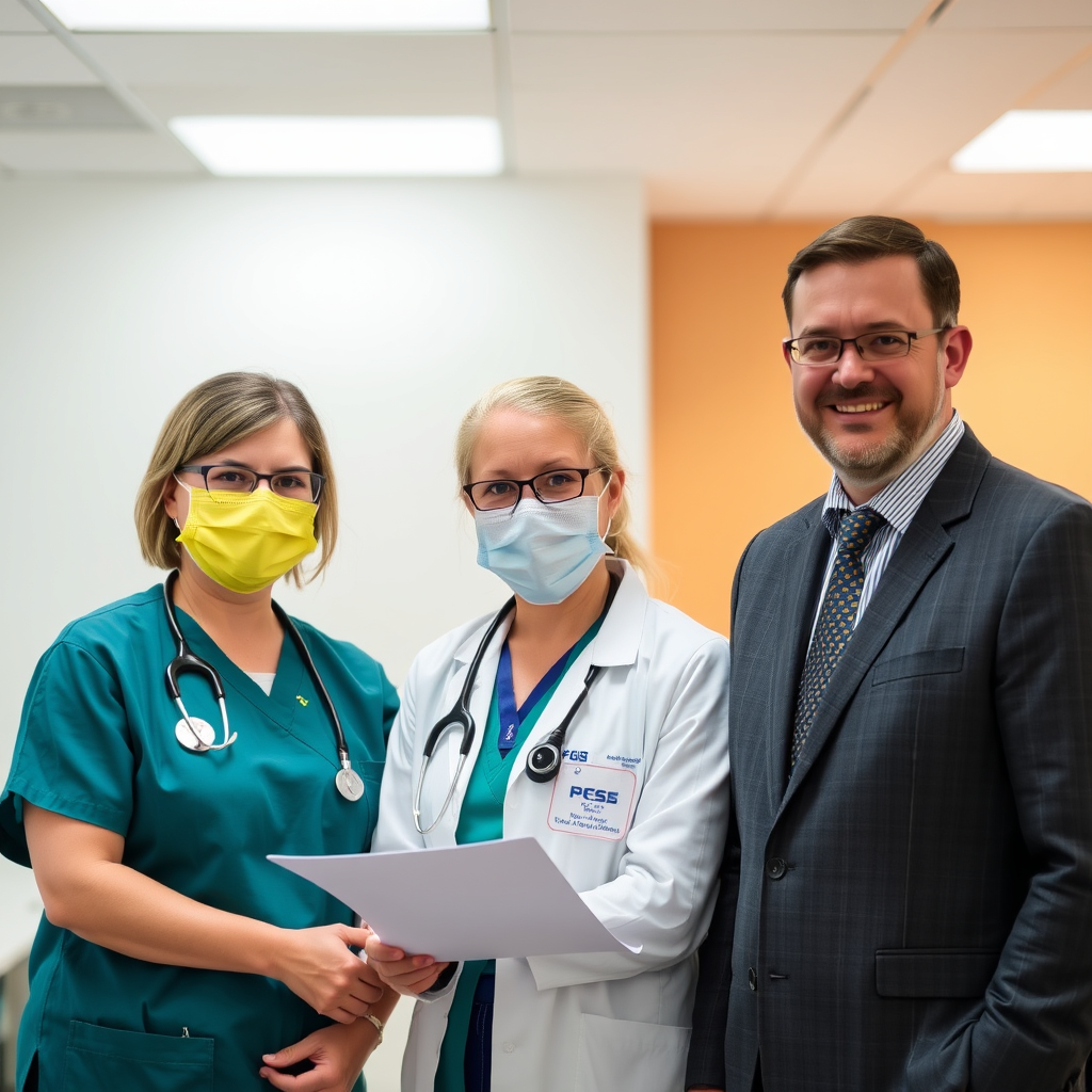 Three healthcare professionals smiling and holding paperwork in an office setting.