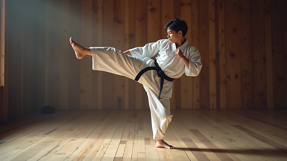 Close-up view of a martial artist practicing a front kick in a dojo