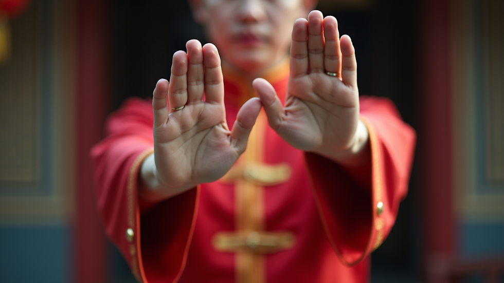 close-up view of hands performing a traditional Chinese martial arts salute