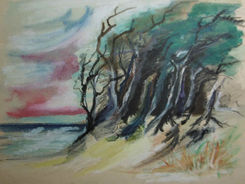 Wind wind Meer sea ocean Dünen dunes Bäume trees Bild painting von by Johanna Mack Dobiosch