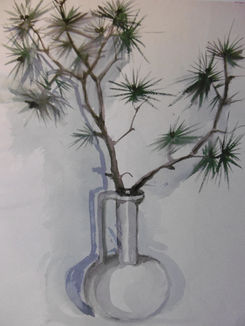 Pinienzweig in beiger Vase  Pine branch in a beige vase Bild painting von by Johanna Mack Dobiosch