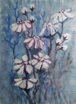 Weiße Blumen auf Blau  White flowers on blue Bild painting von by Johanna Mack Dobiosch