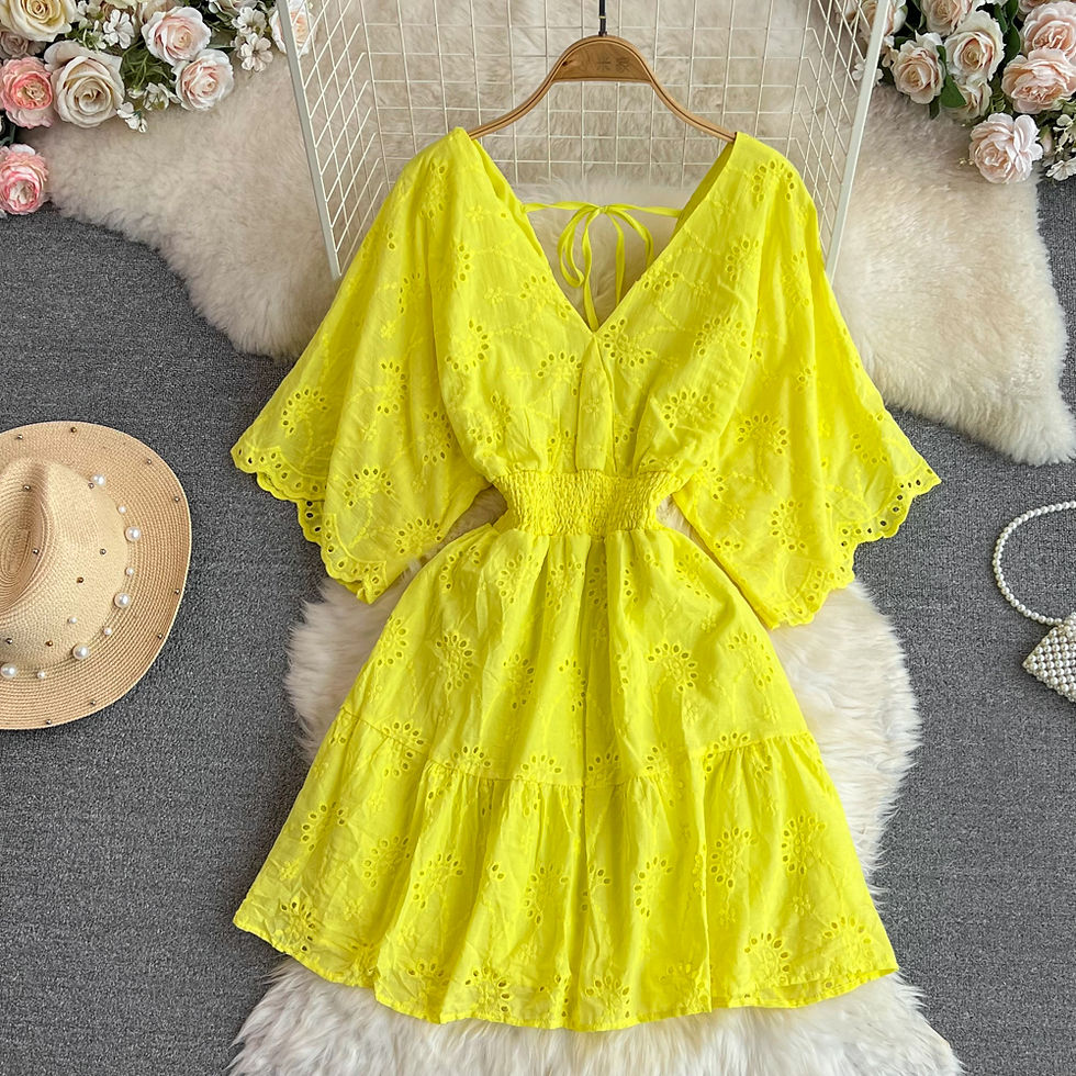 Thumbnail: Vintage Hollow  Embroidery High Waist  Dress Fairy  A-line Short Sleeve Dress Ch