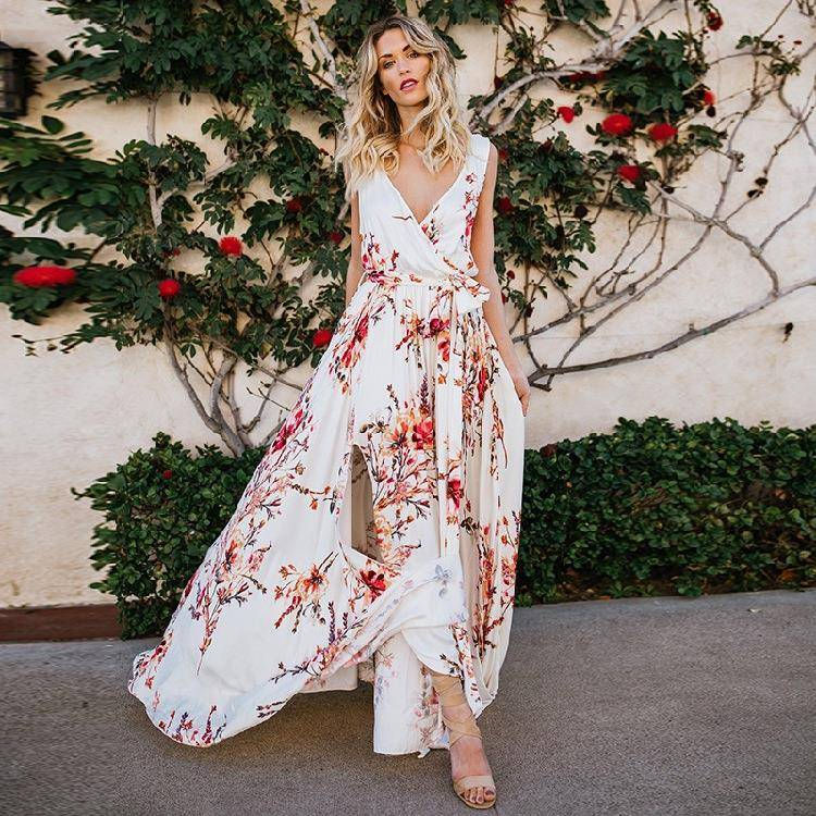 Summer New V-neck Printed Maxi Dress Sexy Slimming Split Long Skirt Women's Fash
