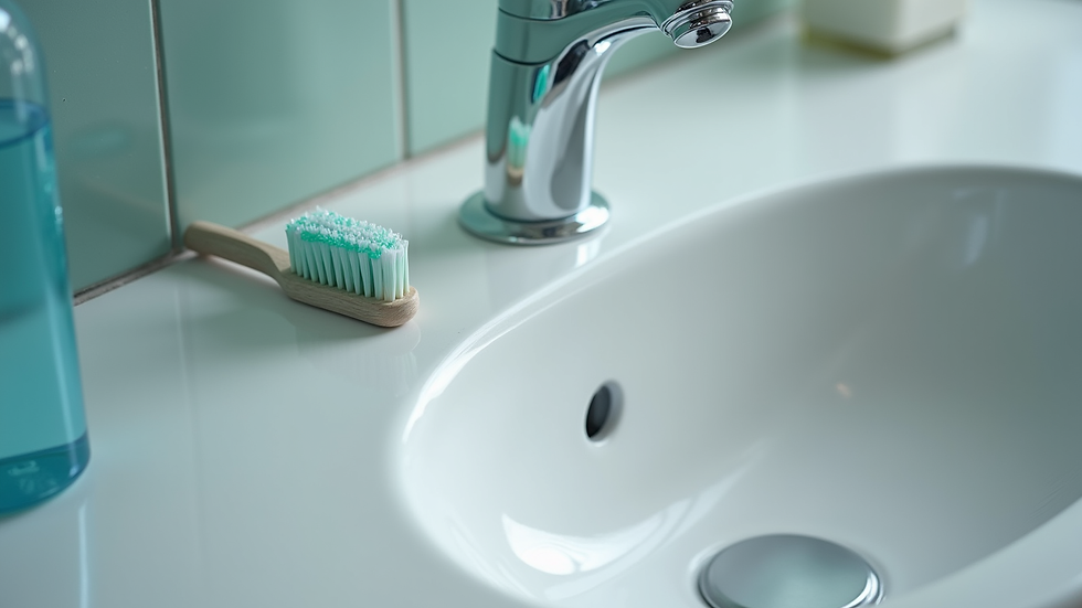 Close-up view of a toothbrush and toothpaste on a bathroom sink