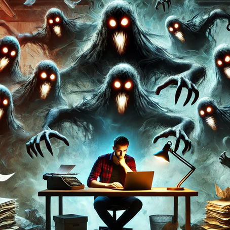 Man working on laptop, surrounded by ghostly figures with glowing eyes in a dim room. Papers are flying; an eerie, tense mood prevails.
