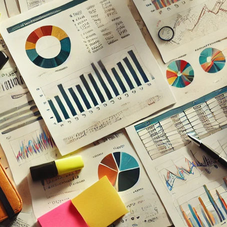 Desk with colorful charts, graphs, and documents scattered. Notebooks, pens, highlighters, sticky notes, phone, and coffee cup visible.