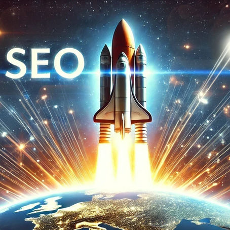 Rocket launching over Earth, with vibrant light beams and stars in space. The word "SEO" is displayed, indicating digital progress.