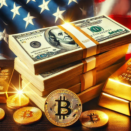 Stacks of dollar bills, gold bars, and Bitcoin coins on a table with a U.S. flag background. Bright and shiny, symbolizing wealth.