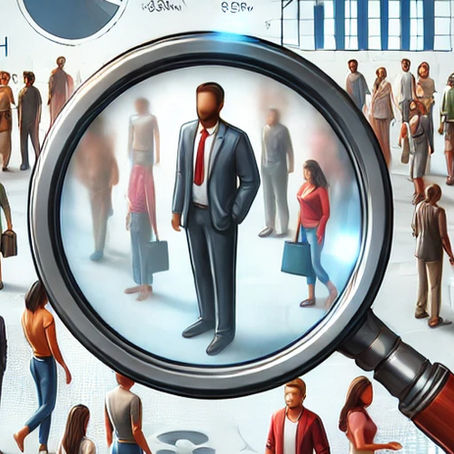 A magnifying glass highlights a suited person in a crowd. Background shows market research graphics. Colors: diverse clothing, blue-toned decor.