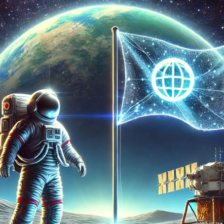 Astronaut on the moon beside a glowing flag with a globe symbol. Earth and satellite in background, creating a futuristic space vibe.