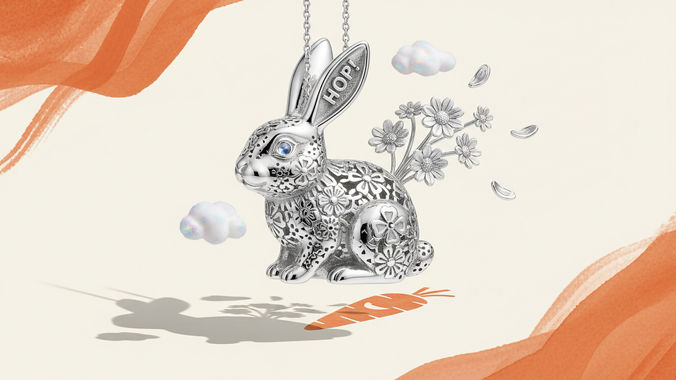 Close-up view of a sterling silver bunny-shaped pendant with intricate details