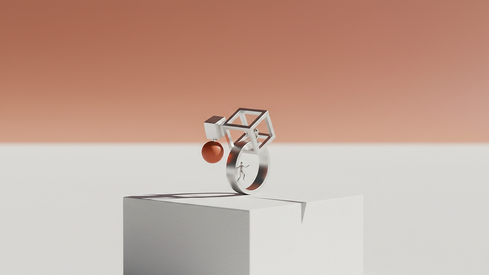 Vista a nivel de ojo de un anillo de plata con diseño geométrico y detalles inesperados