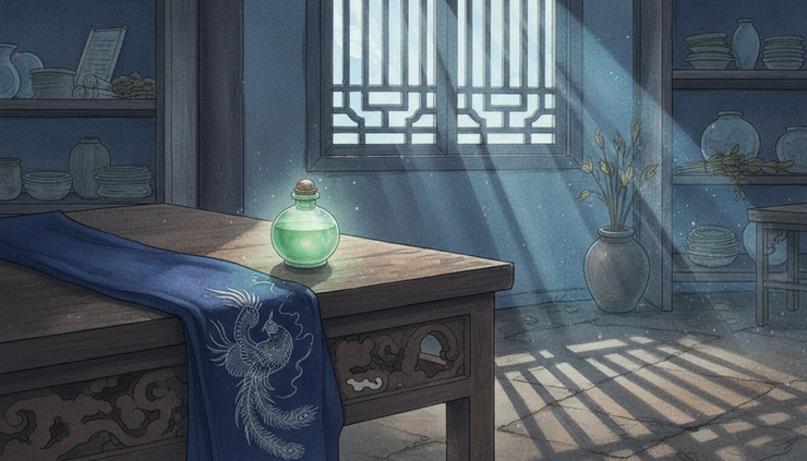 Close-up view of a small jade-green elixir bottle on an ancient wooden table
