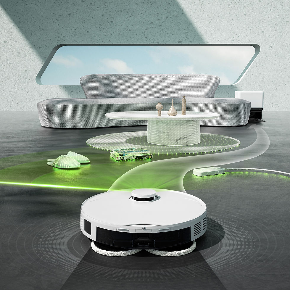 High angle view of a robotic vacuum cleaning a tiled floor