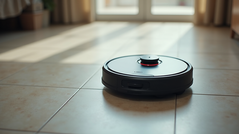 High angle view of a robotic vacuum cleaning a tiled floor