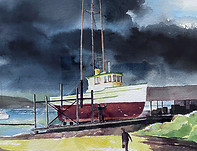 A watercolor painting with a cloudy dark blue sky, blue water, and a wooden boat resting on the shoreline.