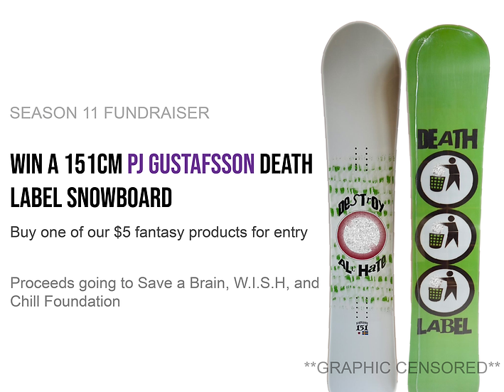 PJ Gustaffson Raffle Post - Death Label Snowboard and Giveaway entry details, purchase one of the fantasy items from the shop