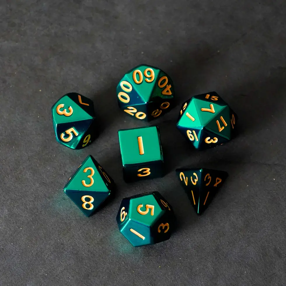 Turquoise with Gold Numbers Metal RPG Dice Set