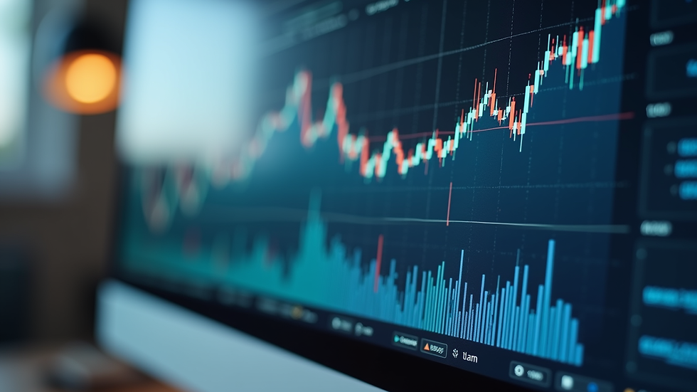 Close-up view of a computer screen showing financial software with graphs and charts