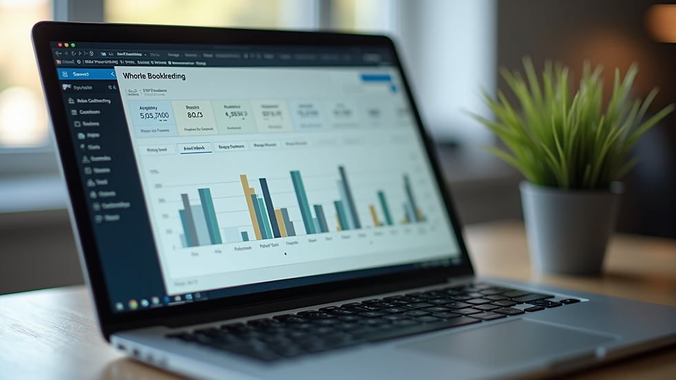 Eye-level view of a laptop screen showing bookkeeping software dashboard