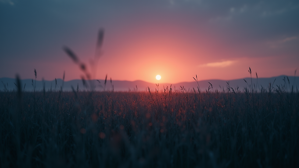 Eye-level view of a serene landscape transitioning from day to night