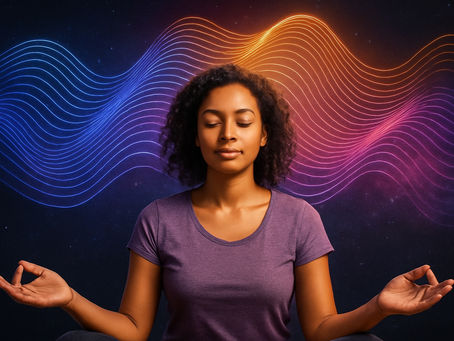 a real life woman meditating with frequency wave flowing into her head