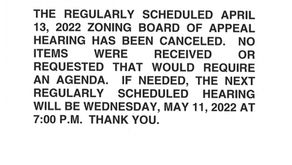 Zoning Board of Appeals 4-13-2022 Canceled