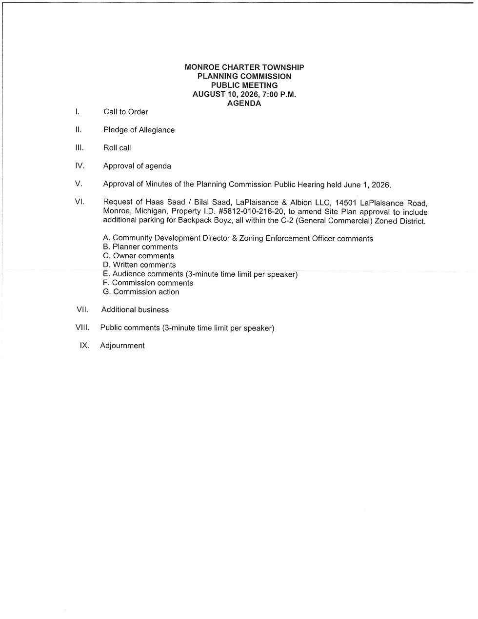Planning Commission Agenda for 08/10/2026
