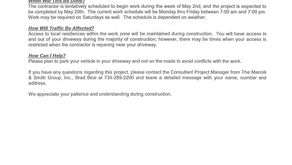 Road Construction Notice for Canterbury, Ravenwood, Teakwood & Dartmoor Subdivisions