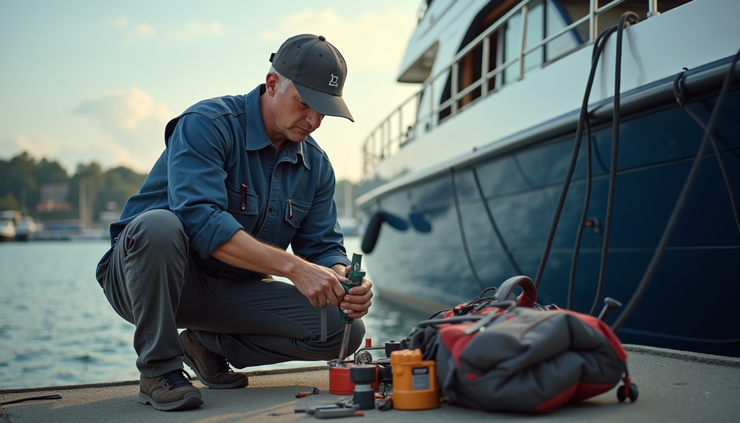 High angle view of a mobile yacht mechanic organizing tools beside a yacht
