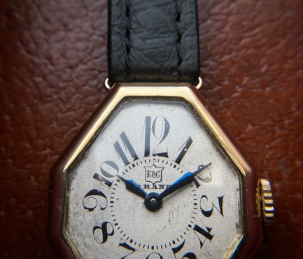 Thumbnail: 1920s E&C Crane 18ct gold Octagonal Art Deco ladies watch exaggerated numerals
