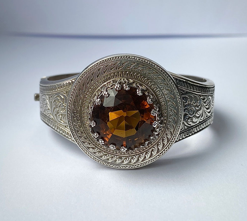 Thumbnail: 1880s Antique Victorian Scottish Citrine Sterling silver engraved cuff bracelet
