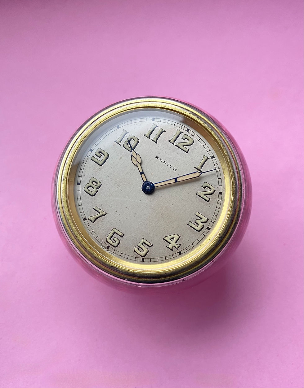Thumbnail: Exceptional 1929 Zenith Art Deco pink guilloche enamel 8 day desk ball clock