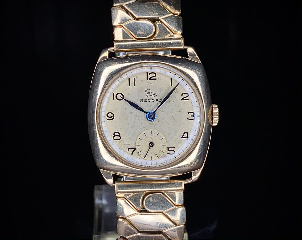 1950s 9ct gold Record cushion case, sector dial watch, cal 107 manual serviced