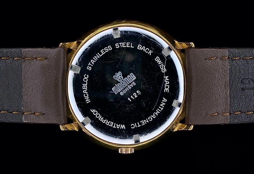 Thumbnail: 1960s Miramar Geneve 1125 fancy engraved bezel dress watch gold plated FHF 72