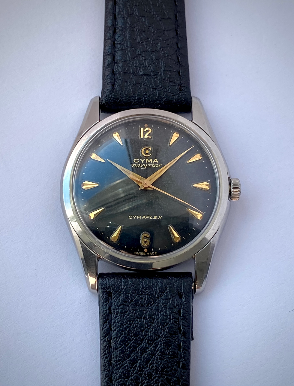 1950s Cyma Navystar Cymaflex Gilt Black dial gold markers ref 25678-6 R.467