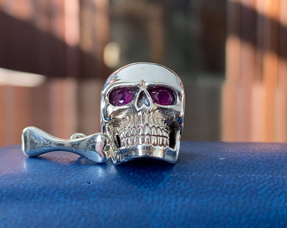 Thumbnail: Pair of Sterling Silver Skull and Bone Cuff Links, red Garnet eyes high quality